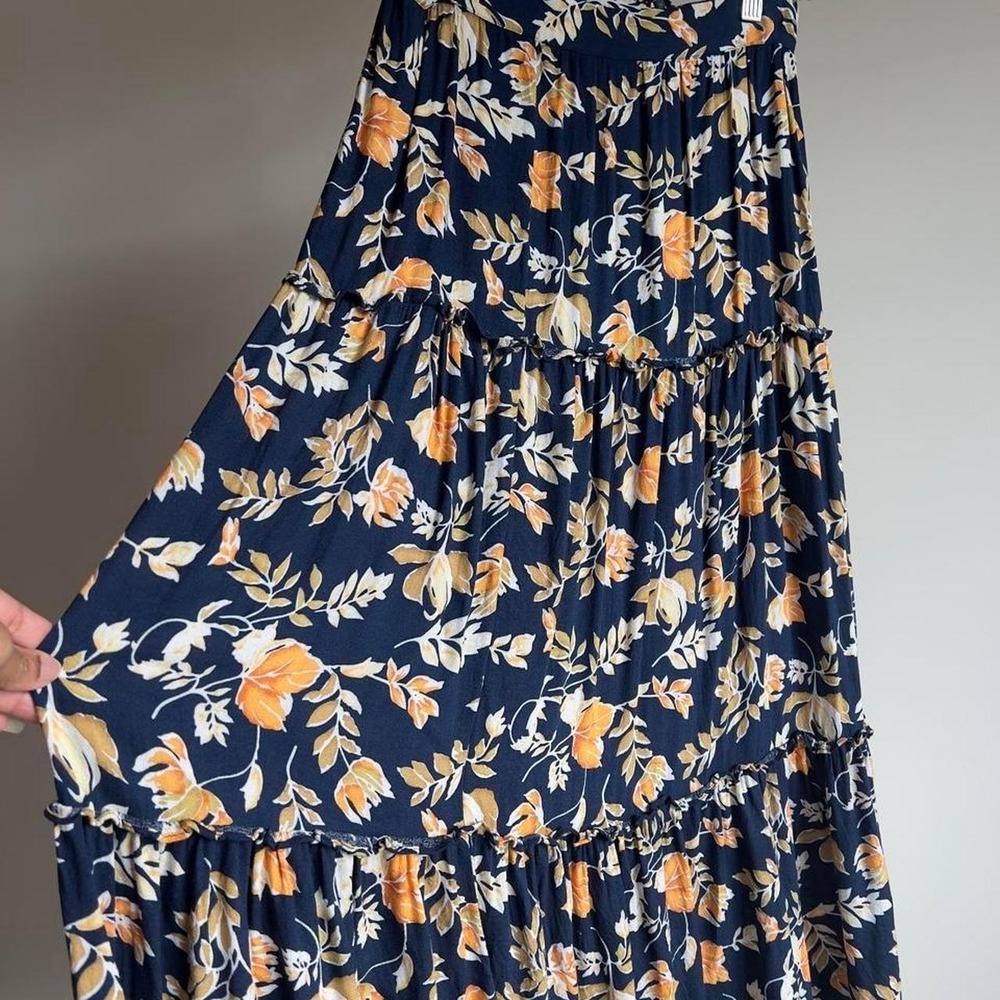 Seven Wonders Tiered Maxi Skirt Medium Navy Floral Boho Whimsygoth Ruffle Skirt